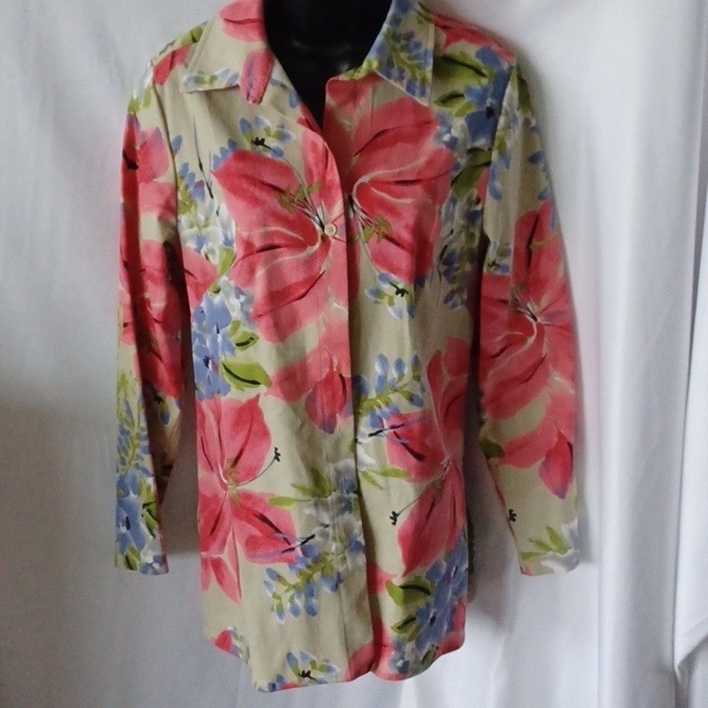 MAREN JACKET, Stretch, khaki with blue & pink flowers, longer style, women's Med